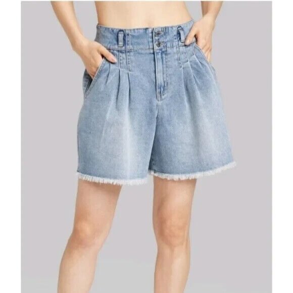 Wild Fable Shorts Blue Highest Rise A Line Pleated Bermuda Denim - Picture 2 of 12